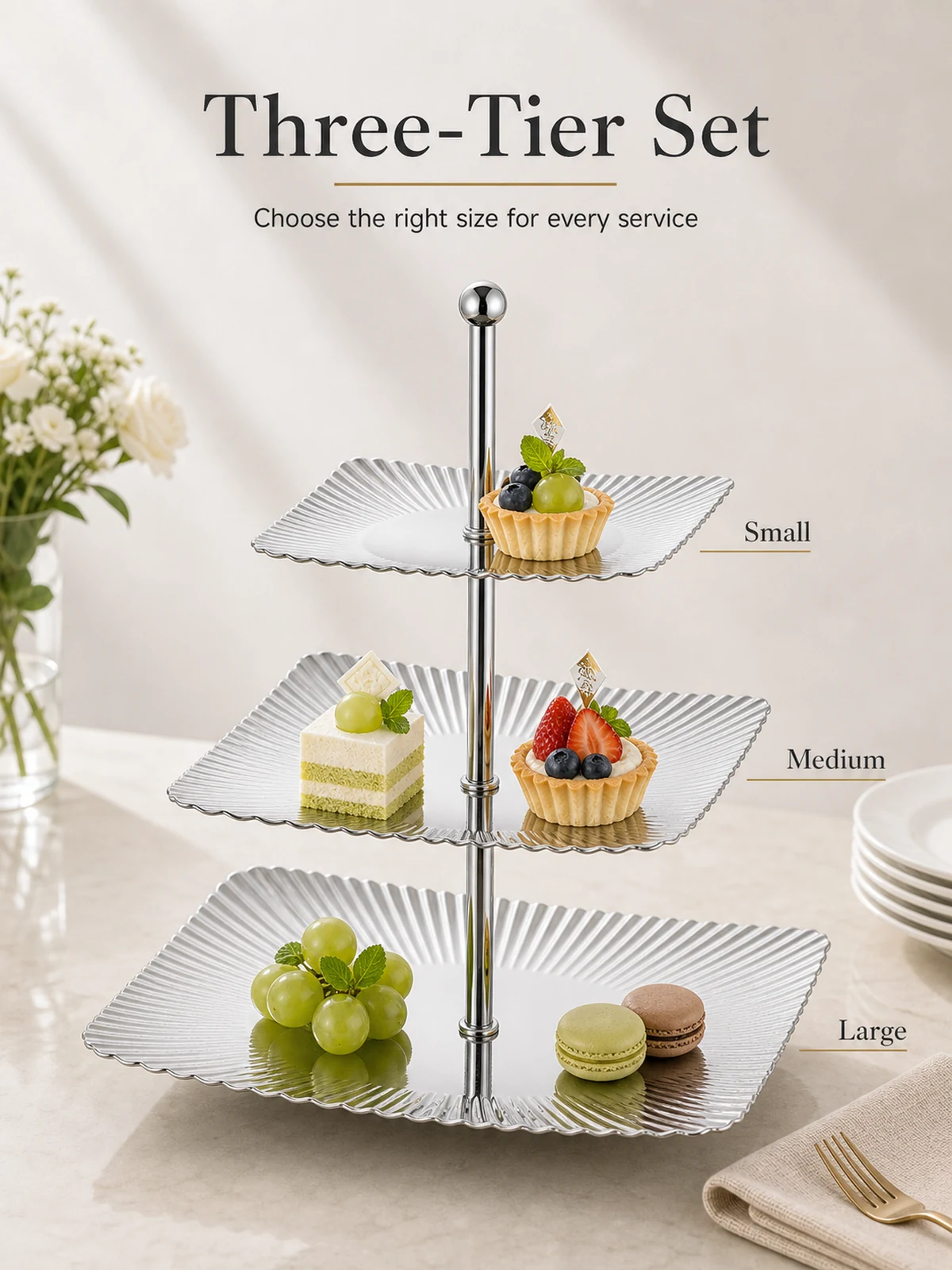 Small medium and large tier relationship for rectangular three-tier stand